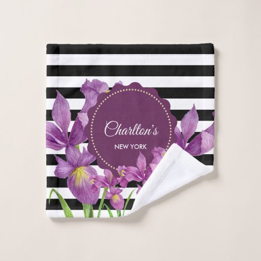 Aquarellfarben Lila Irische Schwarz-weiße Streifen Badhandtuch Set (Waschlappen)