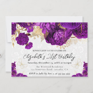 Aquarellfarben Lila und Gold Blume 21. Geburtstag Einladung