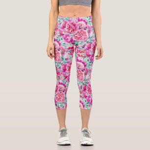 Aquarellfarben Lush Pink Peonies & Green Aquamarin Capri Leggings
