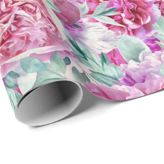Aquarellfarben Lush Pink Peonies & Green Aquamarin Geschenkpapier (Rolleneckpunkt)