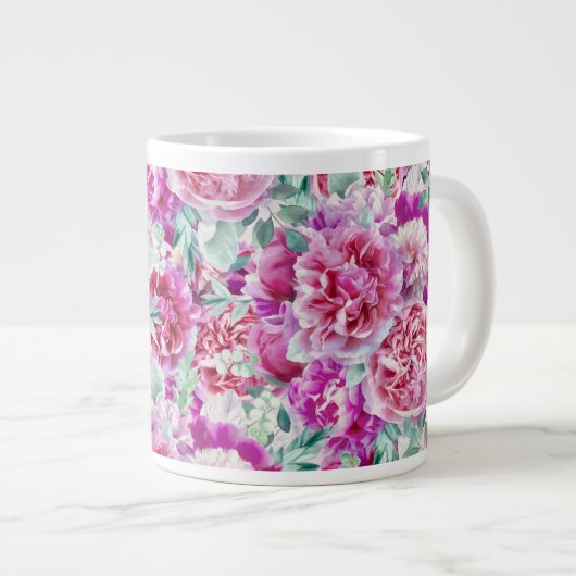 Aquarellfarben Lush Pink Peonies & Green Aquamarin Jumbo-Tasse (Vorderseite Rechts)