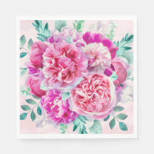 Aquarellfarben Lush Pink Peonies & Green Aquamarin Serviette