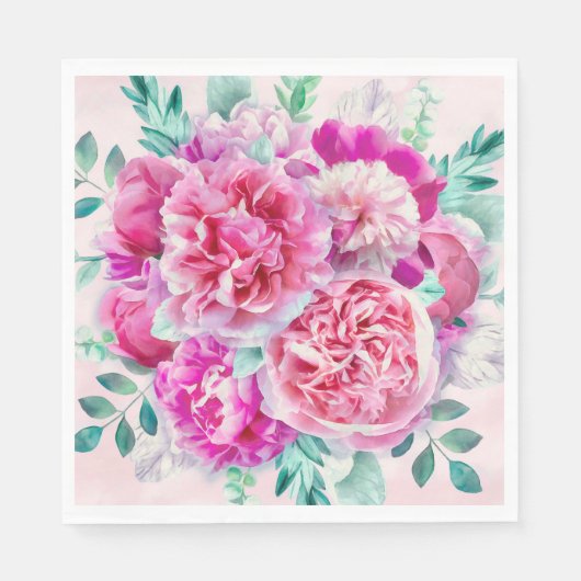 Aquarellfarben Lush Pink Peonies & Green Aquamarin Serviette (Vorderseite)