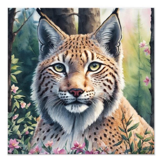 Aquarellfarben Lynx Blumenstrauß Fotodruck (Vorne)