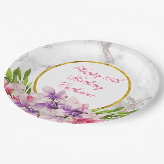 Aquarellfarben Magnolien, Imitate Marmortextur Geb Pappteller (Schrägansicht)