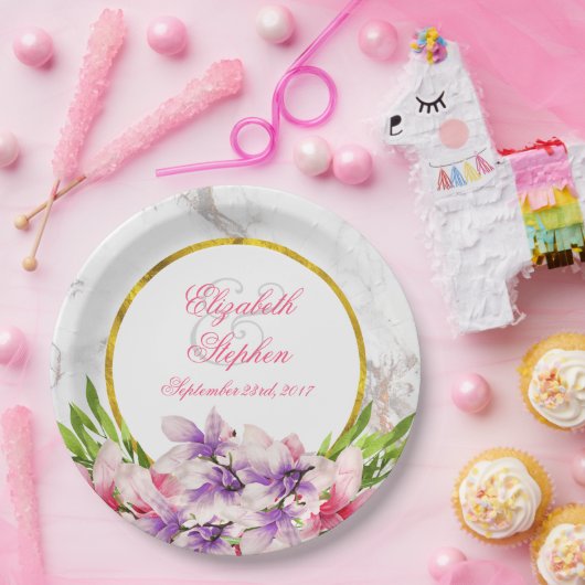 Aquarellfarben Magnolien, Imitate Marmortextur Hoc Pappteller (Party)