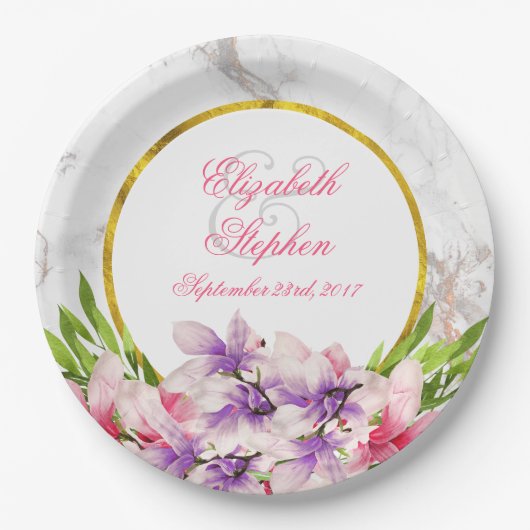 Aquarellfarben Magnolien, Imitate Marmortextur Hoc Pappteller (Vorderseite)