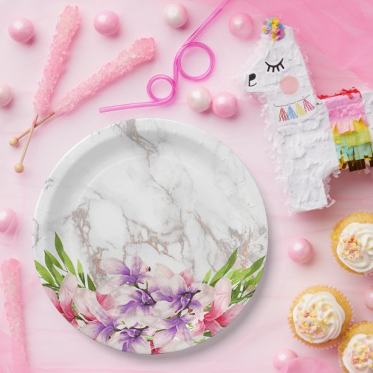 Aquarellfarben Magnolien, Imitate Marmortextur Pappteller (Party)