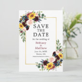 Aquarellfarben Mixed Floral Burgund Gold Foto Save The Date (Stehend Vorderseite)