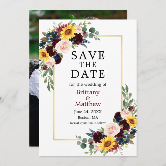 Aquarellfarben Mixed Floral Burgund Gold Foto Save The Date (Vorne/Hinten)