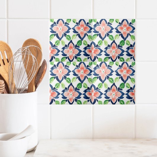 Aquarellfarben Muster Navy Korallengrün Fliese