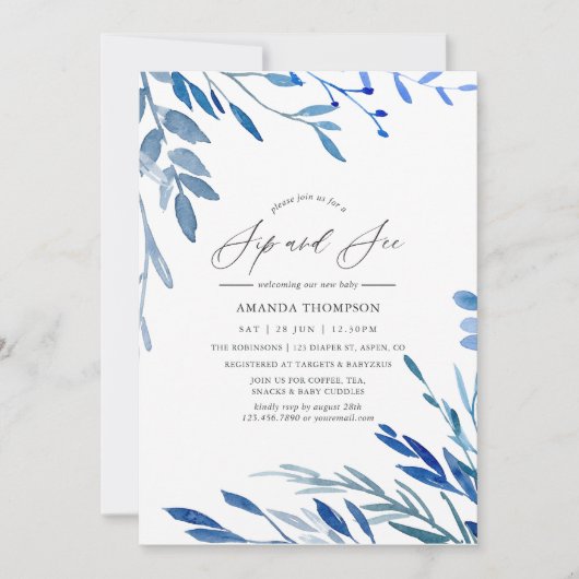 Aquarellfarben Navy Indigo Blätter Sip and See Par Einladung (Vorderseite)