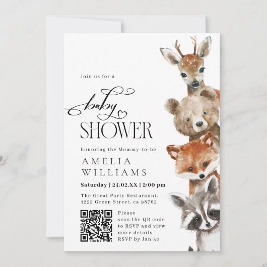 Aquarellfarben Niedliche Tiere Moderner QR-Code Ei Einladung (Vorderseite)