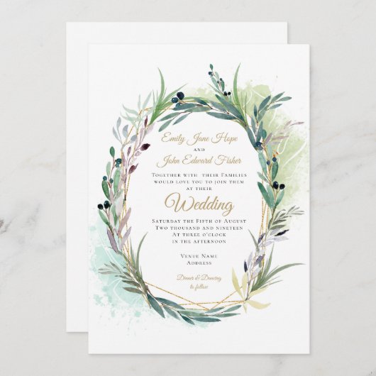 Aquarellfarben Olive Blätter Geometrische Hochzeit Einladung (Vorne/Hinten)