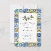 Aquarellfarben Olive Blue tile Mediterrane Hochzei Einladung (Vorderseite)