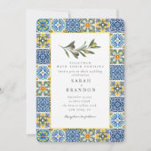 Aquarellfarben Olive Blue tile Mediterrane Hochzei Einladung (Vorderseite)