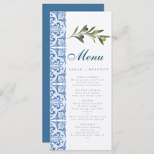 Aquarellfarben Orange Blaue Fliesen Mittelmeer Oli Menükarte (Vorne/Hinten)