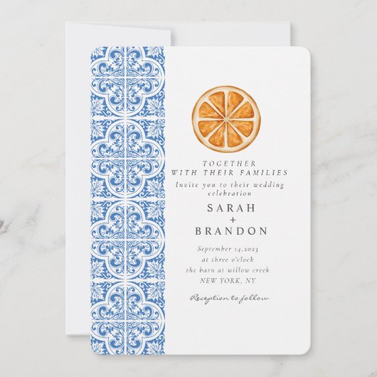 Aquarellfarben Orangefarbene blaue Fliesen mediter Einladung (Vorderseite)