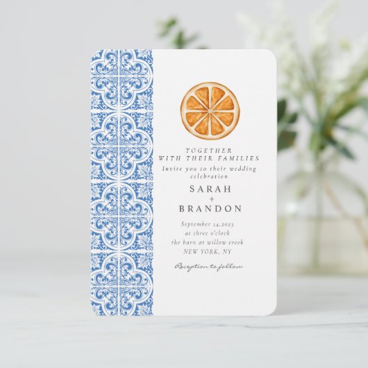 Aquarellfarben Orangefarbene blaue Fliesen mediter Einladung (Stehend Vorderseite)