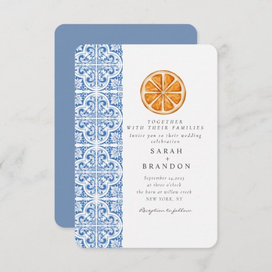 Aquarellfarben Orangefarbene blaue Fliesen mediter Einladung (Vorne/Hinten)