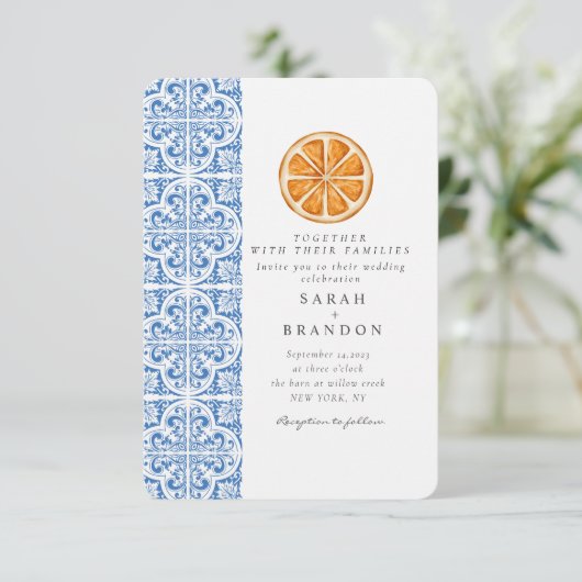 Aquarellfarben Orangefarbene blaue Fliesen mediter Einladung (Stehend Vorderseite)