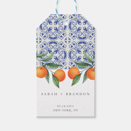 Aquarellfarben Orangefarbene blaue Fliesen mediter Geschenkanhänger (Vorderseite)