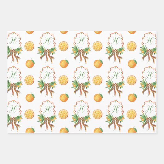 Aquarellfarben Orangen Kariert Bow Weihnachtsmonog Geschenkpapier Set (Vorderseite 2)