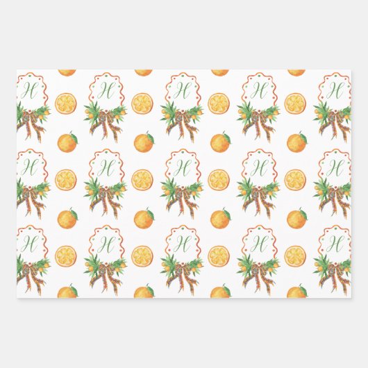 Aquarellfarben Orangen Kariert Bow Weihnachtsmonog Geschenkpapier Set (Vorderseite)