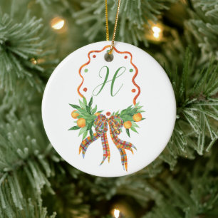 Aquarellfarben Orangen Kariert Bow Weihnachtsmonog Keramik Ornament