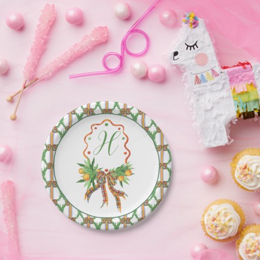 Aquarellfarben Orangen Kariert Bow Weihnachtsmonog Pappteller (Party)