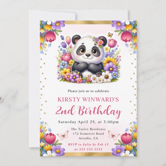 Aquarellfarben Osterpanda Frühlingsblumen Geburtst Einladung (Vorderseite)