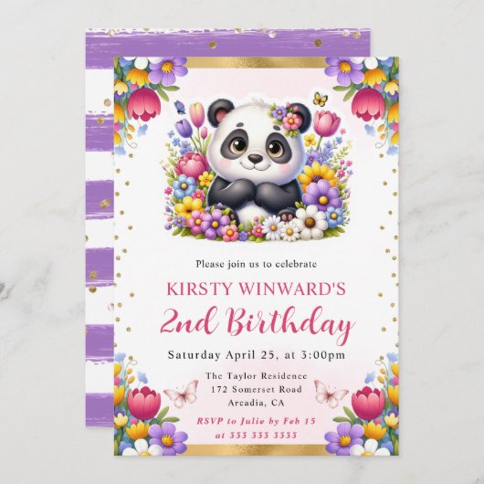 Aquarellfarben Osterpanda Frühlingsblumen Geburtst Einladung (Vorne/Hinten)