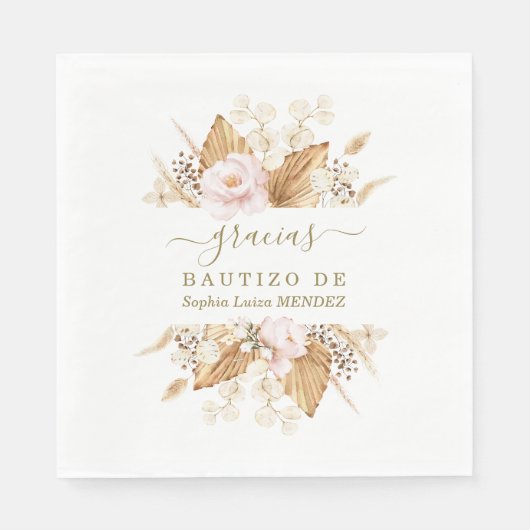 Aquarellfarben Pampas Gras Pink Blume Bautizo Serviette (Vorderseite)
