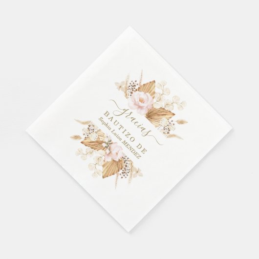 Aquarellfarben Pampas Gras Pink Blume Bautizo Serviette (Ecke)