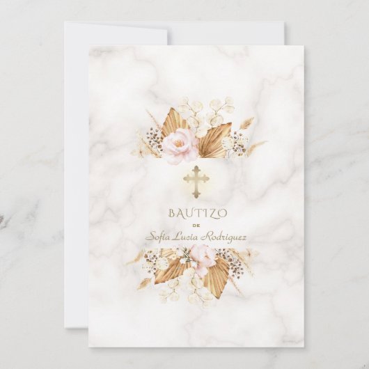 Aquarellfarben Pampas Grass Pink Blume Gold Bautiz Einladung (Rückseite)