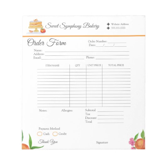 Aquarellfarben Peach Cake Bakery Receipts Notepad Notizblock (Vorderseite)