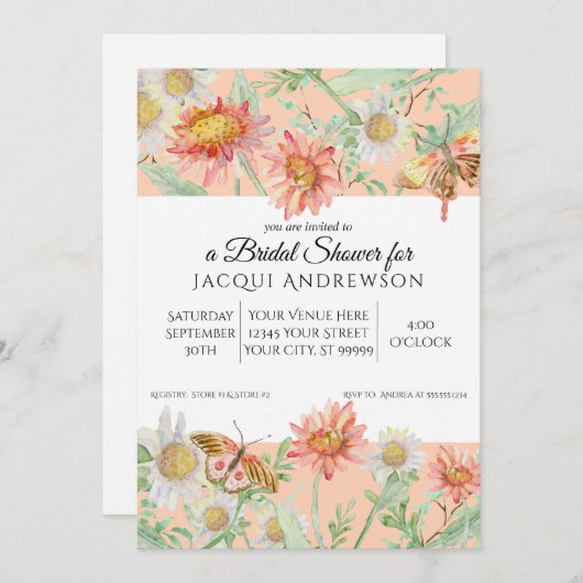 Aquarellfarben Peach Coral Weißes Brautparty Einladung (Vorne/Hinten)