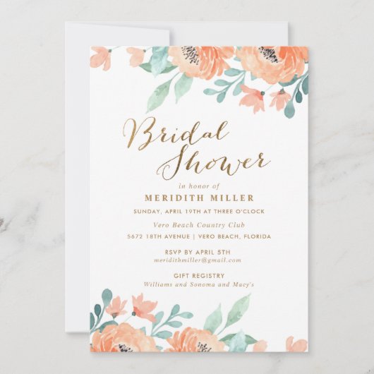 Aquarellfarben Peach Floral Brautparty Party Einladung (Vorderseite)