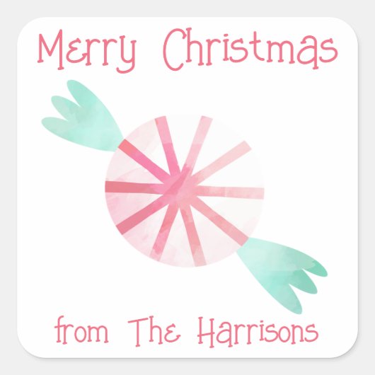 Aquarellfarben Peppermint Weihnachtsgeschenke Aufk Quadratischer Aufkleber (Vorderseite)