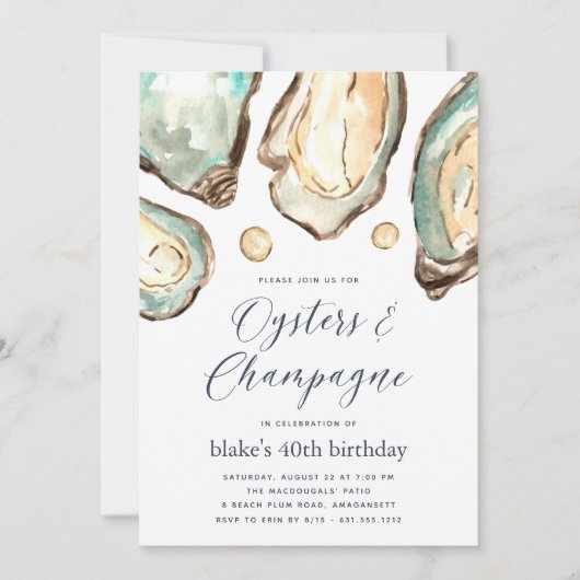 Aquarellfarben Perlauster & Champagner-Party Einladung (Vorderseite)