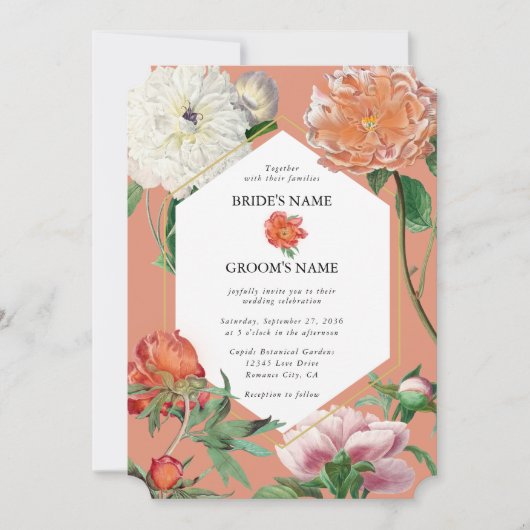 Aquarellfarben Pfirsichrosa Peonies Blume Hochzeit Einladung (Vorderseite)