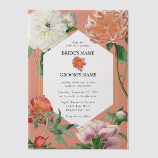 Aquarellfarben Pfirsichrosa Peonies Blume Hochzeit Pergament Einladungen (Vorderseite)