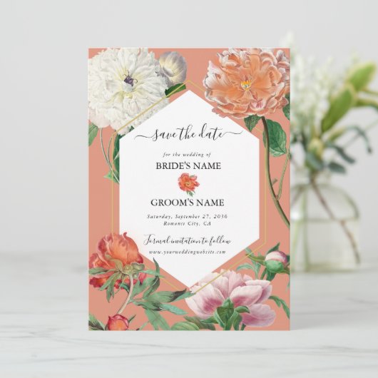 Aquarellfarben Pfirsichrosa Peonies Blume Hochzeit Save The Date (Stehend Vorderseite)