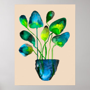 Aquarellfarben Pflanze grün und blau abstrakt Poster