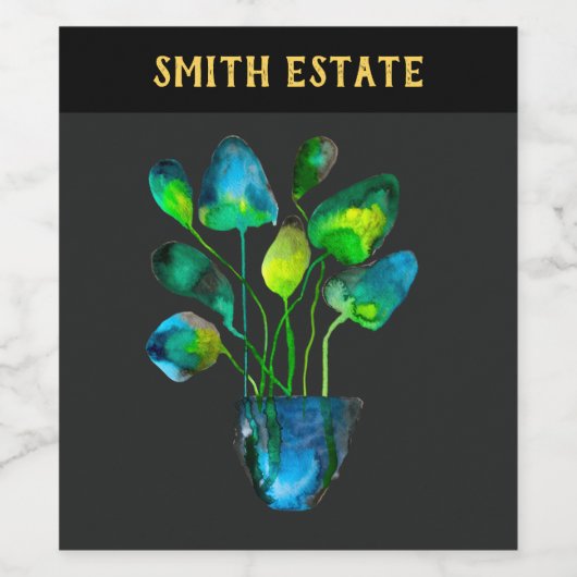 Aquarellfarben Pflanze grün und blau abstrakt Weinetikett (Einzelnes Label)