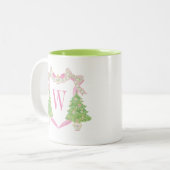 Aquarellfarben Pink & Green Christmas Monogram Wap Zweifarbige Tasse (Vorderseite Links)