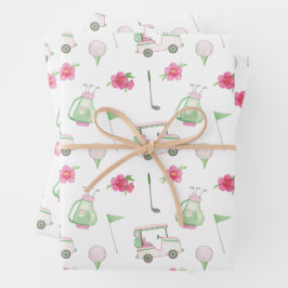 Aquarellfarben Pink & Green Golf Cart Geschenkpapier Set