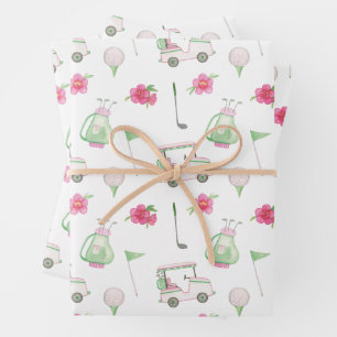 Aquarellfarben Pink & Green Golf Cart Geschenkpapier Set