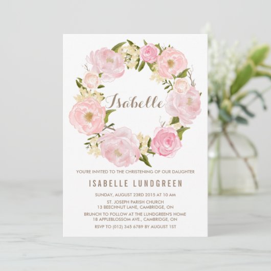 Aquarellfarben Pink Peonies Wreath Christening Einladung (Stehend Vorderseite)