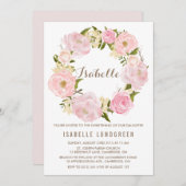 Aquarellfarben Pink Peonies Wreath Christening Einladung (Vorne/Hinten)